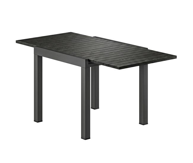 Mesa de comedor exterior extensible 80/160 cm para 4-6 personas de aluminio con tapa de listones efecto madera negro