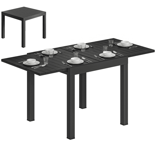 Mesa de jantar extensível para exterior, 80160 cm, para 4 a 6 pessoas, em alumínio com tampo ripado, efeito madeira, preta. Mesa de jantar extensível para exterior, 80160 cm, para 4 a 6 pessoas, em alumínio com tampo ripado, efeito madeira, preta.