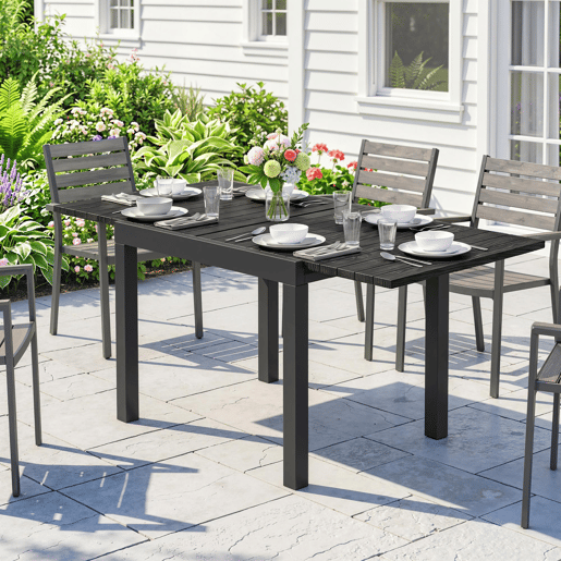 Mesa de jantar extensível para exterior, 80160 cm, para 4 a 6 pessoas, em alumínio com tampo ripado, efeito madeira, preta. Mesa de jantar extensível para exterior, 80160 cm, para 4 a 6 pessoas, em alumínio com tampo ripado, efeito madeira, preta.