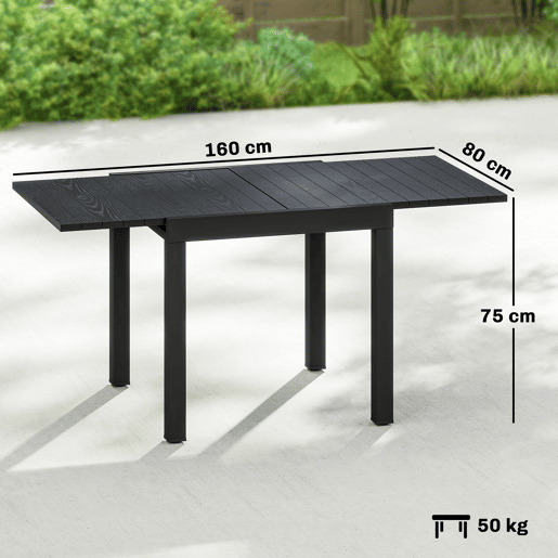 Mesa de jantar extensível para exterior, 80160 cm, para 4 a 6 pessoas, em alumínio com tampo ripado, efeito madeira, preta. Mesa de jantar extensível para exterior, 80160 cm, para 4 a 6 pessoas, em alumínio com tampo ripado, efeito madeira, preta.