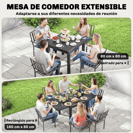 Mesa de jantar extensível para exterior, 80160 cm, para 4 a 6 pessoas, em alumínio com tampo ripado, efeito madeira, preta. Mesa de jantar extensível para exterior, 80160 cm, para 4 a 6 pessoas, em alumínio com tampo ripado, efeito madeira, preta.