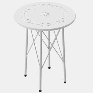 Mesa de jardim redonda em aço com design de flores e folhas, pés ajustáveis e estrutura em forma de X, Ø40x50cm, branca