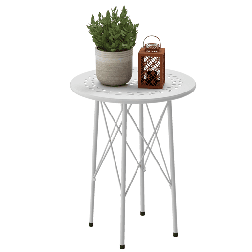 Mesa de jardim redonda em aço com design de flores e folhas, pés ajustáveis e estrutura em forma de X, Ø40x50cm, branca Mesa de jardim redonda em aço com design de flores e folhas, pés ajustáveis e estrutura em forma de X, Ø40x50cm, branca