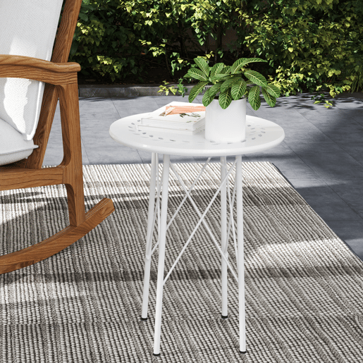 Mesa de jardim redonda em aço com design de flores e folhas, pés ajustáveis e estrutura em forma de X, Ø40x50cm, branca Mesa de jardim redonda em aço com design de flores e folhas, pés ajustáveis e estrutura em forma de X, Ø40x50cm, branca