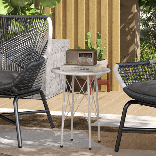 Mesa de jardim redonda em aço com design de flores e folhas, pés ajustáveis e estrutura em forma de X, Ø40x50cm, branca Mesa de jardim redonda em aço com design de flores e folhas, pés ajustáveis e estrutura em forma de X, Ø40x50cm, branca