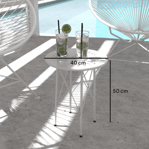 Mesa de jardim redonda em aço com design de flores e folhas, pés ajustáveis e estrutura em forma de X, Ø40x50cm, branca Mesa de jardim redonda em aço com design de flores e folhas, pés ajustáveis e estrutura em forma de X, Ø40x50cm, branca