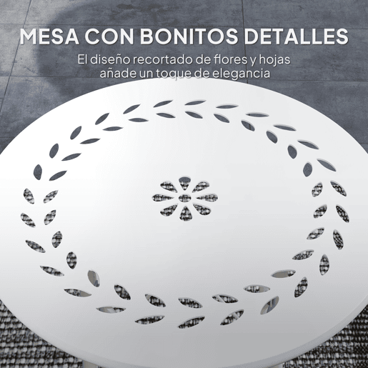 Mesa de jardim redonda em aço com design de flores e folhas, pés ajustáveis e estrutura em forma de X, Ø40x50cm, branca Mesa de jardim redonda em aço com design de flores e folhas, pés ajustáveis e estrutura em forma de X, Ø40x50cm, branca