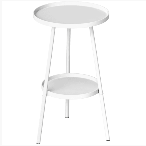 Mesa de jardim redonda de 2 níveis com bordas elevadas e bandeja inferior para uso interno e externo, Ø32x51 cm, branca Mesa de jardim redonda de 2 níveis com bordas elevadas e bandeja inferior para uso interno e externo, Ø32x51 cm, branca