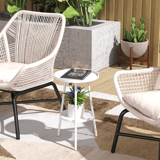 Mesa de jardim redonda de 2 níveis com bordas elevadas e bandeja inferior para uso interno e externo, Ø32x51 cm, branca Mesa de jardim redonda de 2 níveis com bordas elevadas e bandeja inferior para uso interno e externo, Ø32x51 cm, branca
