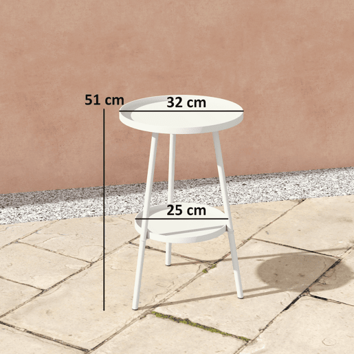 Mesa de jardim redonda de 2 níveis com bordas elevadas e bandeja inferior para uso interno e externo, Ø32x51 cm, branca Mesa de jardim redonda de 2 níveis com bordas elevadas e bandeja inferior para uso interno e externo, Ø32x51 cm, branca