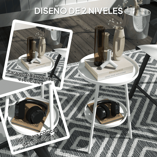 Mesa de jardim redonda de 2 níveis com bordas elevadas e bandeja inferior para uso interno e externo, Ø32x51 cm, branca Mesa de jardim redonda de 2 níveis com bordas elevadas e bandeja inferior para uso interno e externo, Ø32x51 cm, branca
