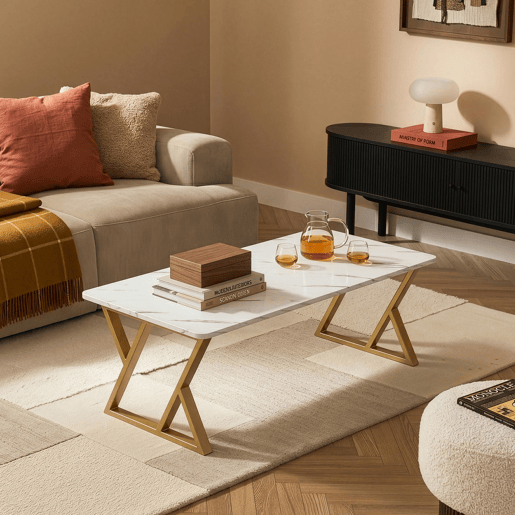 Mesa de centro Nolu 120x60x46 cm Dourada Efeito mármore branca en.casa Mesa de centro Nolu 120x60x46 cm Dourada Efeito mármore branca en.casa
