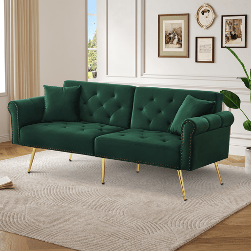 Sofá de 2 lugares - Moderno, estofado em veludo, encosto ajustável em 3 níveis, pés dourados - Verde Antigo