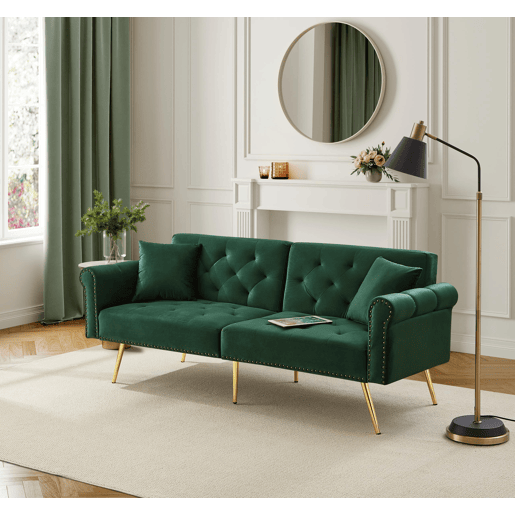 Sofá de 2 lugares - Moderno, estofado em veludo, encosto ajustável em 3 níveis, pés dourados - Verde Antigo