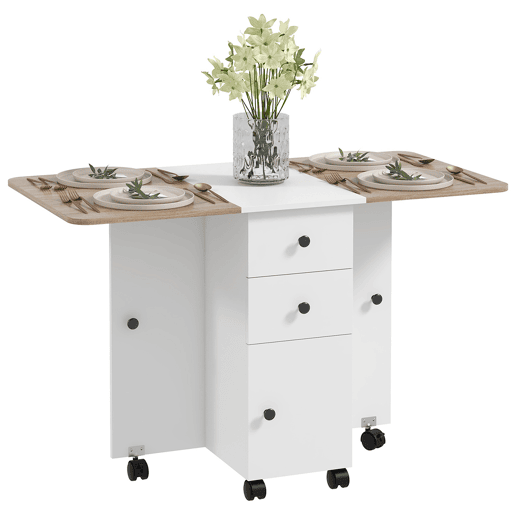 Mesa de jantar dobrável com rodas, aba rebatível, 2 gavetas e armário, acomoda até 6 pessoas, 120x60x76,5 cm, branca e natural. Mesa de jantar dobrável com rodas, aba rebatível, 2 gavetas e armário, acomoda até 6 pessoas, 120x60x76,5 cm, branca e natural.