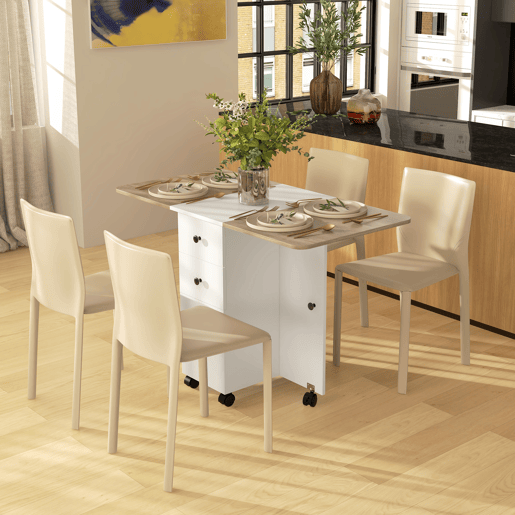 Mesa de jantar dobrável com rodas, aba rebatível, 2 gavetas e armário, acomoda até 6 pessoas, 120x60x76,5 cm, branca e natural. Mesa de jantar dobrável com rodas, aba rebatível, 2 gavetas e armário, acomoda até 6 pessoas, 120x60x76,5 cm, branca e natural.