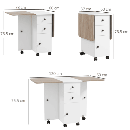 Mesa de jantar dobrável com rodas, aba rebatível, 2 gavetas e armário, acomoda até 6 pessoas, 120x60x76,5 cm, branca e natural. Mesa de jantar dobrável com rodas, aba rebatível, 2 gavetas e armário, acomoda até 6 pessoas, 120x60x76,5 cm, branca e natural.