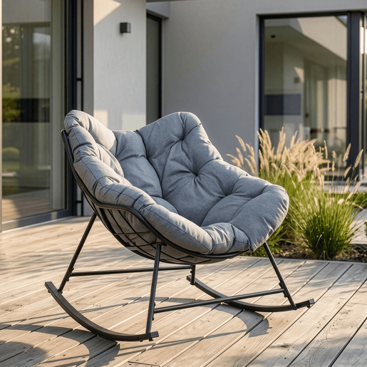 Cadeira de baloiço Villeneuve com encosto em vime 85x90x91 cm PretoCinzento en.casa Cadeira de baloiço Villeneuve com encosto em vime 85x90x91 cm PretoCinzento en.casa