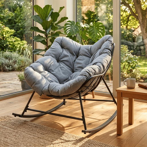 Cadeira de baloiço Villeneuve com encosto em vime 85x90x91 cm PretoCinzento en.casa Cadeira de baloiço Villeneuve com encosto em vime 85x90x91 cm PretoCinzento en.casa