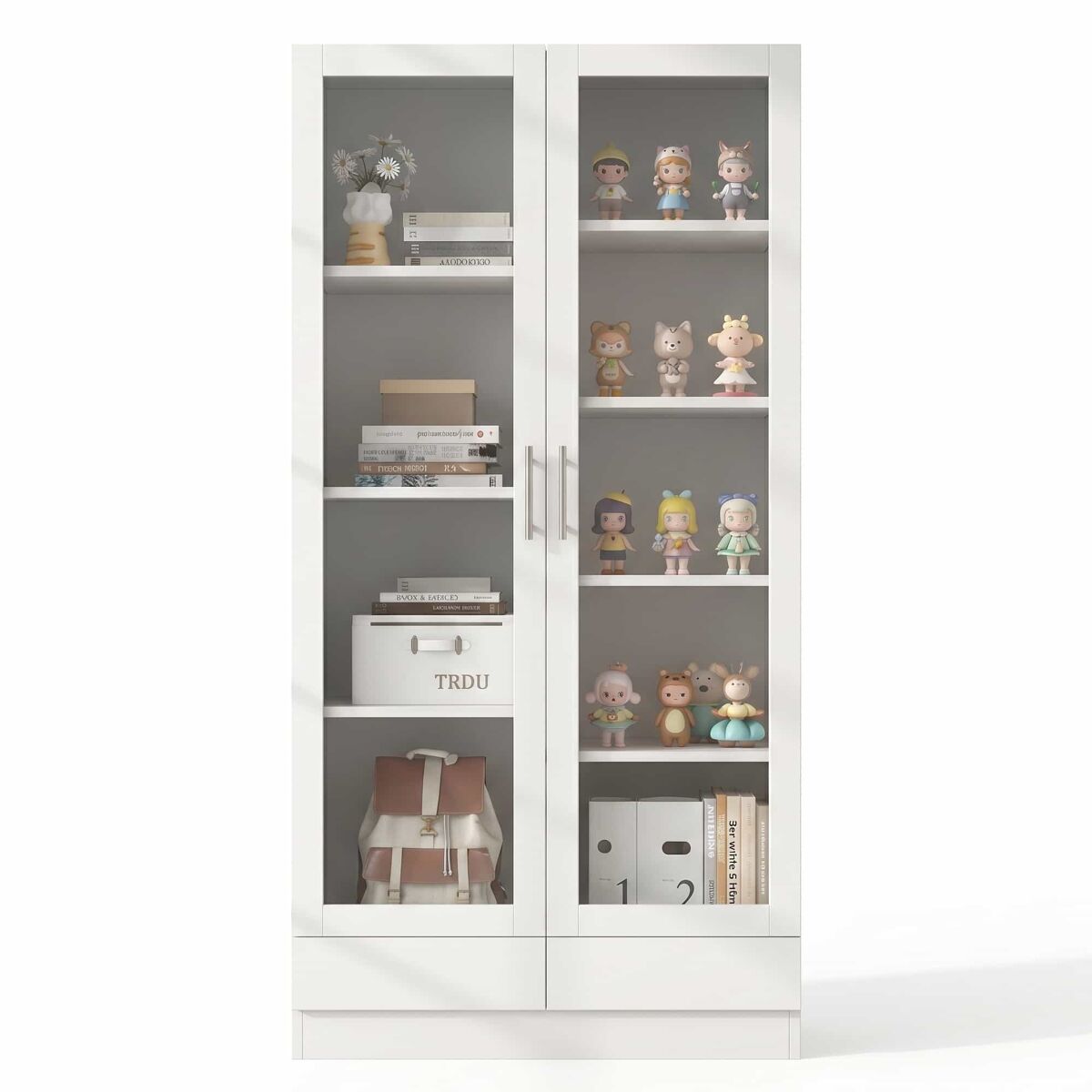 Vitrina 80×40×160 cm - con puertas de vidrio, 2 cajones y armario de almacenamiento multifuncional - blanco
