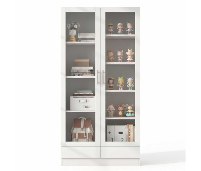 Vitrina 80×40×160 cm - con puertas de vidrio, 2 cajones y armario de almacenamiento multifuncional - blanco