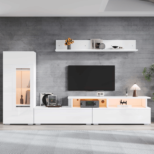 Conjunto de móveis para TV de 3 peças - LED, alto brilho, para sala de estar, TV até 75 - Branco