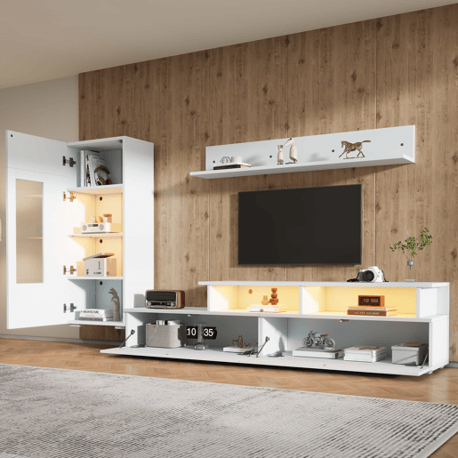 Conjunto de móveis para TV de 3 peças - LED, alto brilho, para sala de estar, TV até 75 - Branco
