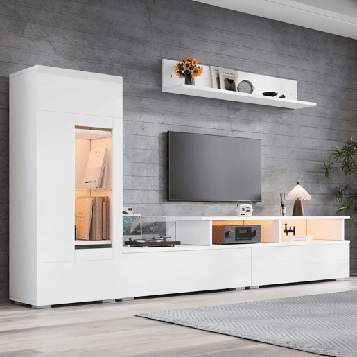 Conjunto de móveis para TV de 3 peças - LED, alto brilho, para sala de estar, TV até 75 - Branco