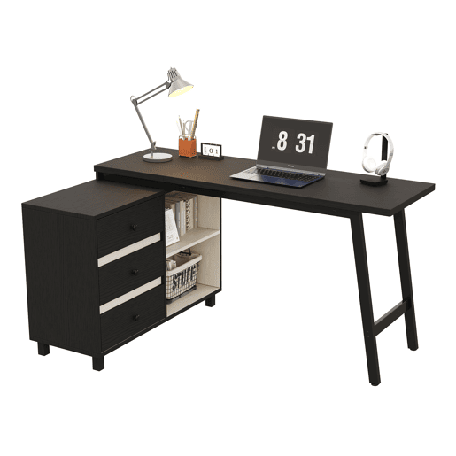MEUBLES COSY Secretária em L de escritório com 3 gavetas e 2 compartimentos abertos mesa de computador moderna de MDF e metal 150x100x76cm Preto e Branco
