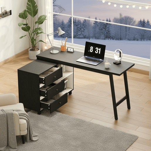 MEUBLES COSY Secretária em L de escritório com 3 gavetas e 2 compartimentos abertos mesa de computador moderna de MDF e metal 150x100x76cm Preto e Branco