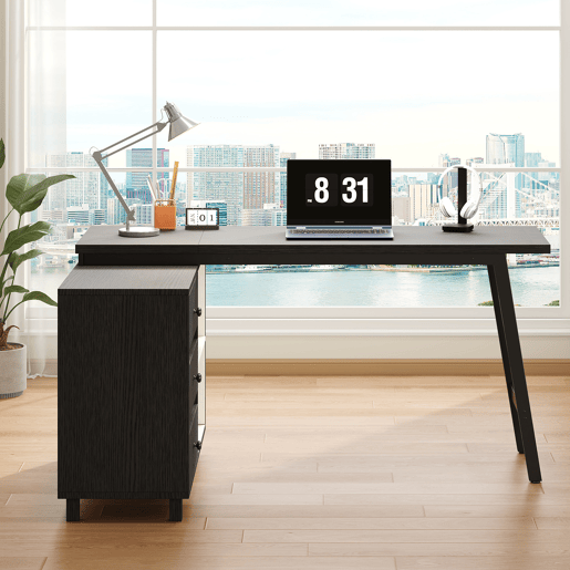 MEUBLES COSY Secretária em L de escritório com 3 gavetas e 2 compartimentos abertos mesa de computador moderna de MDF e metal 150x100x76cm Preto e Branco