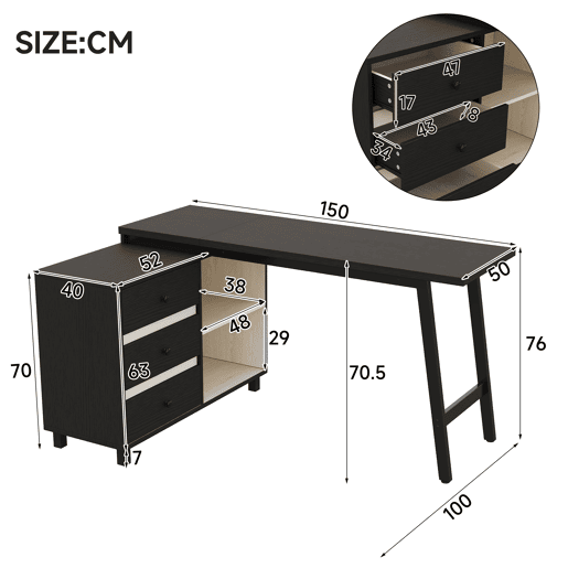 MEUBLES COSY Secretária em L de escritório com 3 gavetas e 2 compartimentos abertos mesa de computador moderna de MDF e metal 150x100x76cm Preto e Branco