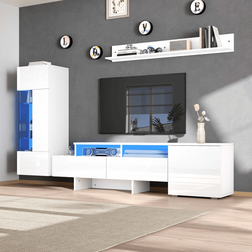 Conjunto de móveis para TV de 3 peças - Conjunto de sala com LED, portas acrílicas, branco Conjunto de móveis para TV de 3 peças - Conjunto de sala com LED, portas acrílicas, branco