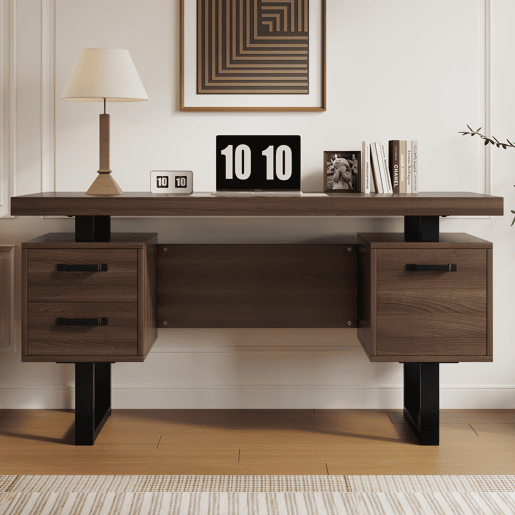 MEUBLES COSY Secretária de Escritório Mesa de Computador Estilo Moderno com 3 Gavetas de Armazenamento e Pernas de Metal para Estudo Casa 135x54cm Cor Castanho Escuro e Preto MEUBLES COSY Secretária de Escritório Mesa de Computador Estilo Moderno com 3 Gavetas de Armazenamento e Pernas de Metal para Estudo Casa 135x54cm Cor Castanho Escuro e Preto