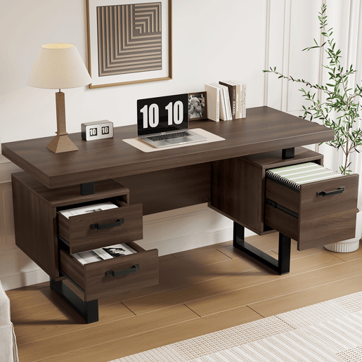 MEUBLES COSY Secretária de Escritório Mesa de Computador Estilo Moderno com 3 Gavetas de Armazenamento e Pernas de Metal para Estudo Casa 135x54cm Cor Castanho Escuro e Preto MEUBLES COSY Secretária de Escritório Mesa de Computador Estilo Moderno com 3 Gavetas de Armazenamento e Pernas de Metal para Estudo Casa 135x54cm Cor Castanho Escuro e Preto