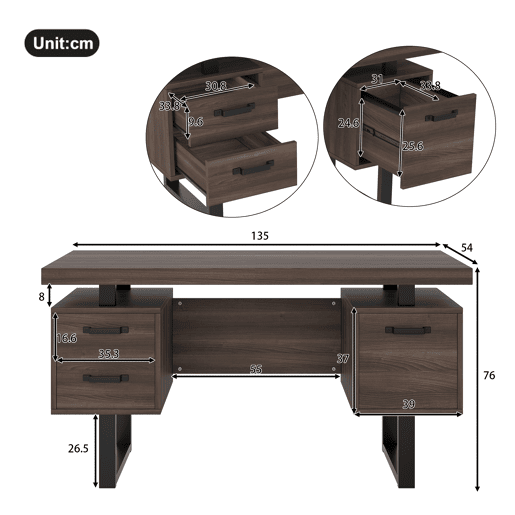 MEUBLES COSY Secretária de Escritório Mesa de Computador Estilo Moderno com 3 Gavetas de Armazenamento e Pernas de Metal para Estudo Casa 135x54cm Cor Castanho Escuro e Preto MEUBLES COSY Secretária de Escritório Mesa de Computador Estilo Moderno com 3 Gavetas de Armazenamento e Pernas de Metal para Estudo Casa 135x54cm Cor Castanho Escuro e Preto