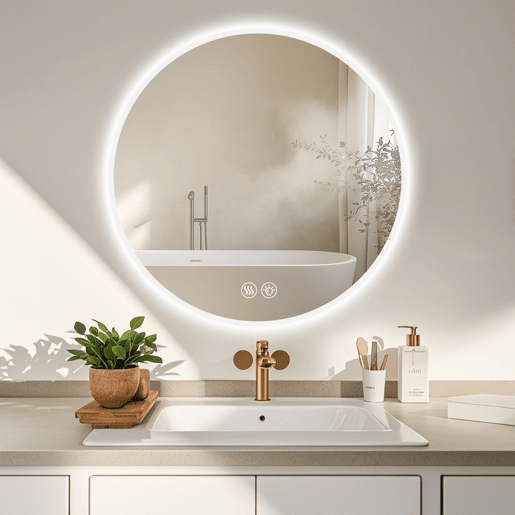 Espelho de casa de banho LED redondo 70 cm - Antiembaciamento, regulável em 3 temperaturas, montagem na parede - Prateado