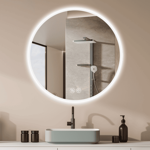 Espelho de casa de banho LED redondo 70 cm - Antiembaciamento, regulável em 3 temperaturas, montagem na parede - Prateado