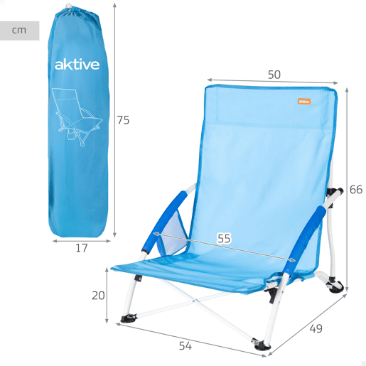 Pack 2 cadeiras de praia fixas e baixas, 50x49x66 cm, azuis