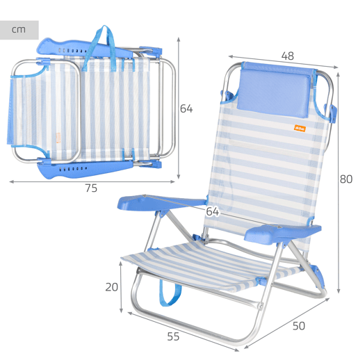 Pack 2 cadeiras de praia baixas com múltiplas posições, 48x50x80 cm, listradas
