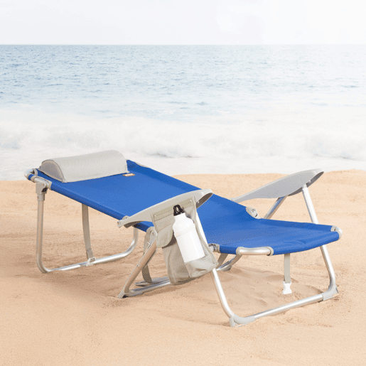 Cadeira de praia dobrável multiposições 50x50x88 cm azul com bolsos, almofada e alça