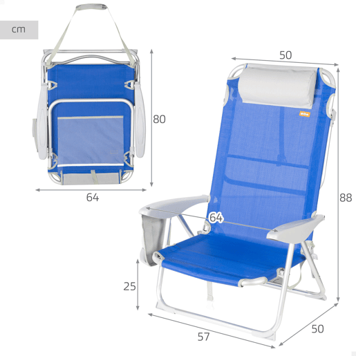 Cadeira de praia dobrável multiposições 50x50x88 cm azul com bolsos, almofada e alça