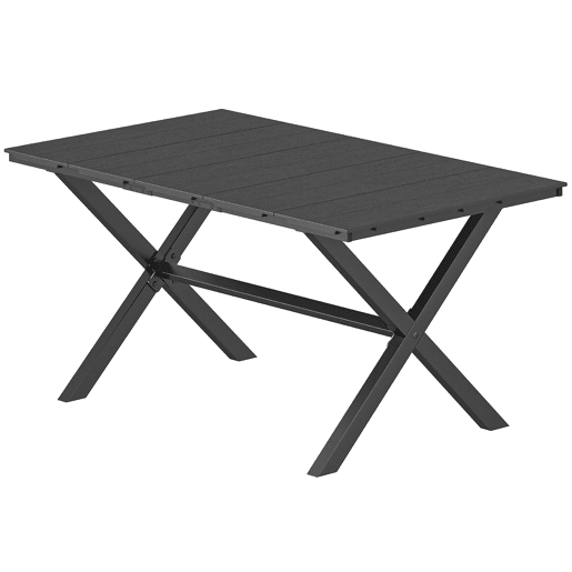 Mesa de jantar de jardim para 6 pessoas com tampo ripado em HDPE e estrutura metálica, 150x90x74 cm, preta.