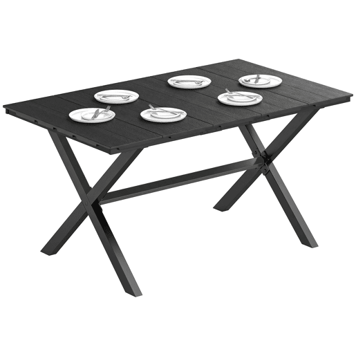 Mesa de jantar de jardim para 6 pessoas com tampo ripado em HDPE e estrutura metálica, 150x90x74 cm, preta.