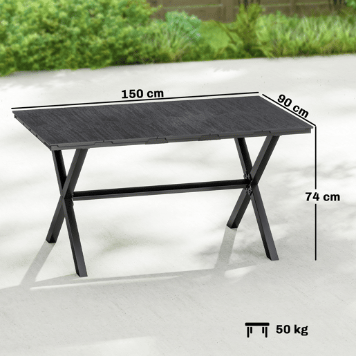 Mesa de jantar de jardim para 6 pessoas com tampo ripado em HDPE e estrutura metálica, 150x90x74 cm, preta.