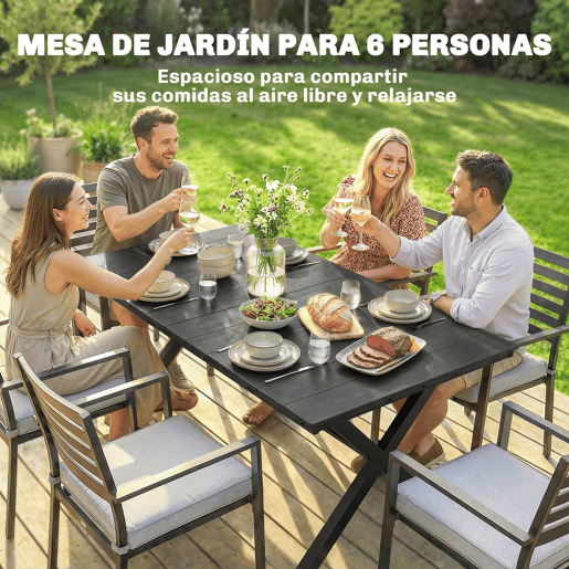 Mesa de jantar de jardim para 6 pessoas com tampo ripado em HDPE e estrutura metálica, 150x90x74 cm, preta.