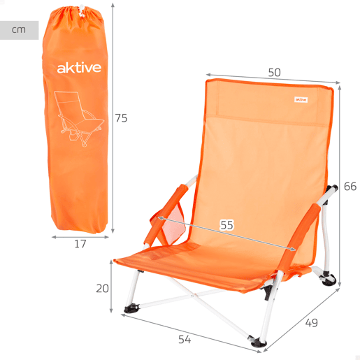 Pack 2 cadeiras de praia fixas e baixas, 50x49x66 cm, laranja