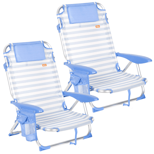 Pack 2 cadeiras de praia baixas com múltiplas posições, 51x45x76 cm, listradas e com bolsos