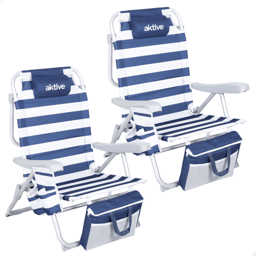 Pack 2 cadeiras de praia médias multiposições, estilo náutico, 48x58x80 cm, com cooler e bolsos