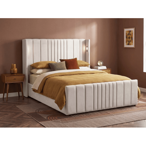 Cama de casal com baú em tecido e candeeiros integrados > - 160 x 200 cm - Bege Cama de casal com baú em tecido e candeeiros integrados > - 160 x 200 cm - Bege